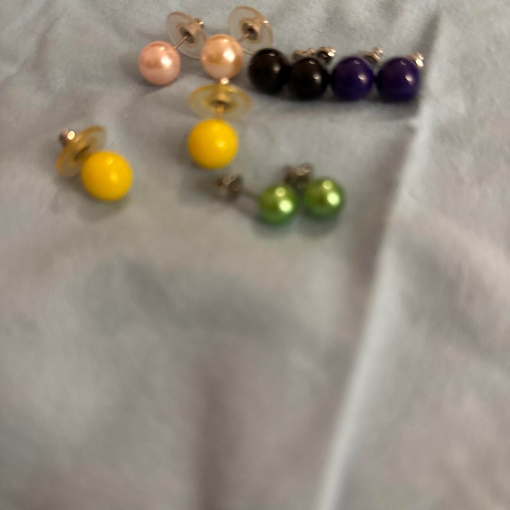 Vintage Faux Pearl Stud Earrings Set 5 Pairs Multi Color Yellow Green Purple